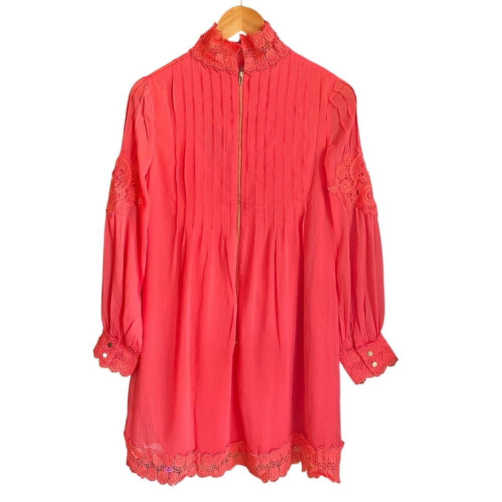 NWT Trish Scully Womens Size 2‎ Dress Coral Lace High Neck Long Sleeve Boho - Picture 2 of 4